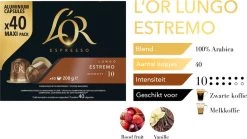 L'OR Lungo Estremo Koffiecups - Intensiteit 10/12 - 4 X 40 Capsules -Koffie Kunst 1200x676