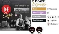 Douwe Egberts D.E Café Espresso Koffiecups - Intensiteit 9/12 - 10 X 20 Capsules 13 Douwe Egberts D.E Café Espresso Koffiecups - Intensiteit 9/12 - 10 X 20 Capsules -Koffie Kunst 1200x697
