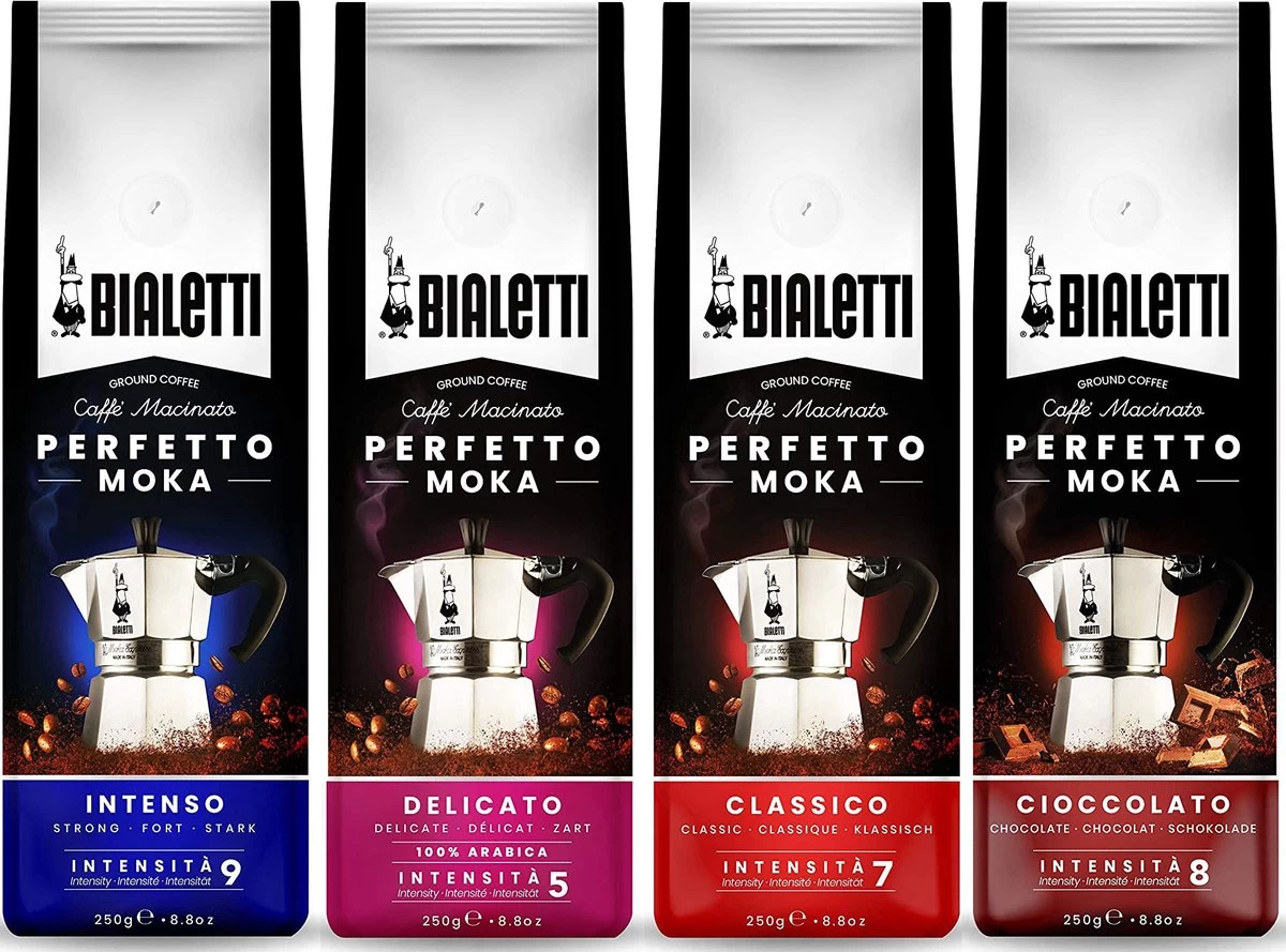 Bialetti Perfetto Moka Gemalen Koffie Proefpakket - 4 X 250 Gram - Classico, Intenso, Delicato En Cioccolato 3 Bialetti Perfetto Moka Gemalen Koffie Proefpakket - 4 X 250 Gram - Classico, Intenso, Delicato En Cioccolato