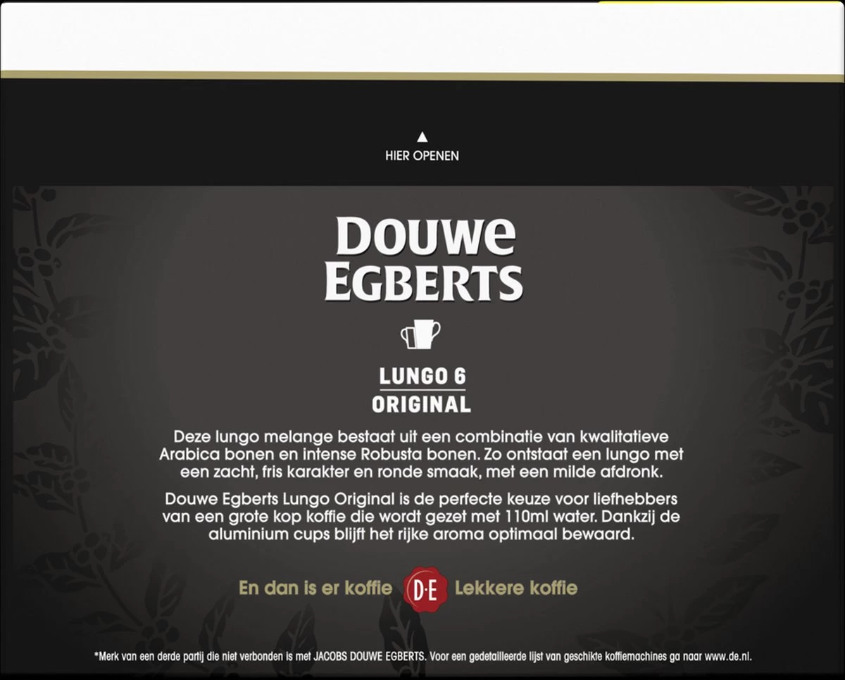 Douwe Egberts Lungo Original Koffiecups (6) - 5 X 40 Koffiecups 4 Douwe Egberts Lungo Original Koffiecups (6) - 5 X 40 Koffiecups - Afbeelding 2