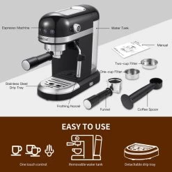 1350W 2 Cup Black Espresso Machine 20 Bar Compact Coffee Maker