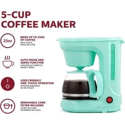 5CUP Coffee Maker - Space-Saving Design, Auto Pause And Serve, Removable Filter Basket, BLACK -Koffie Kunst 5CUP Coffee Maker Space Saving Design2C Auto Pause and Serve2C Removable Filter Basket2C BLACK 12