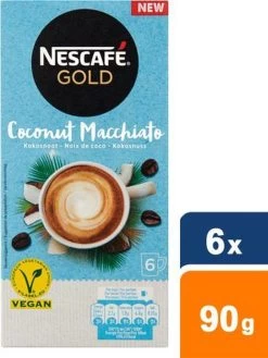 Nescafé Gold Coconut Macchiato Oploskoffie - 6 Doosjes à 6 Zakjes -Koffie Kunst 901x1200