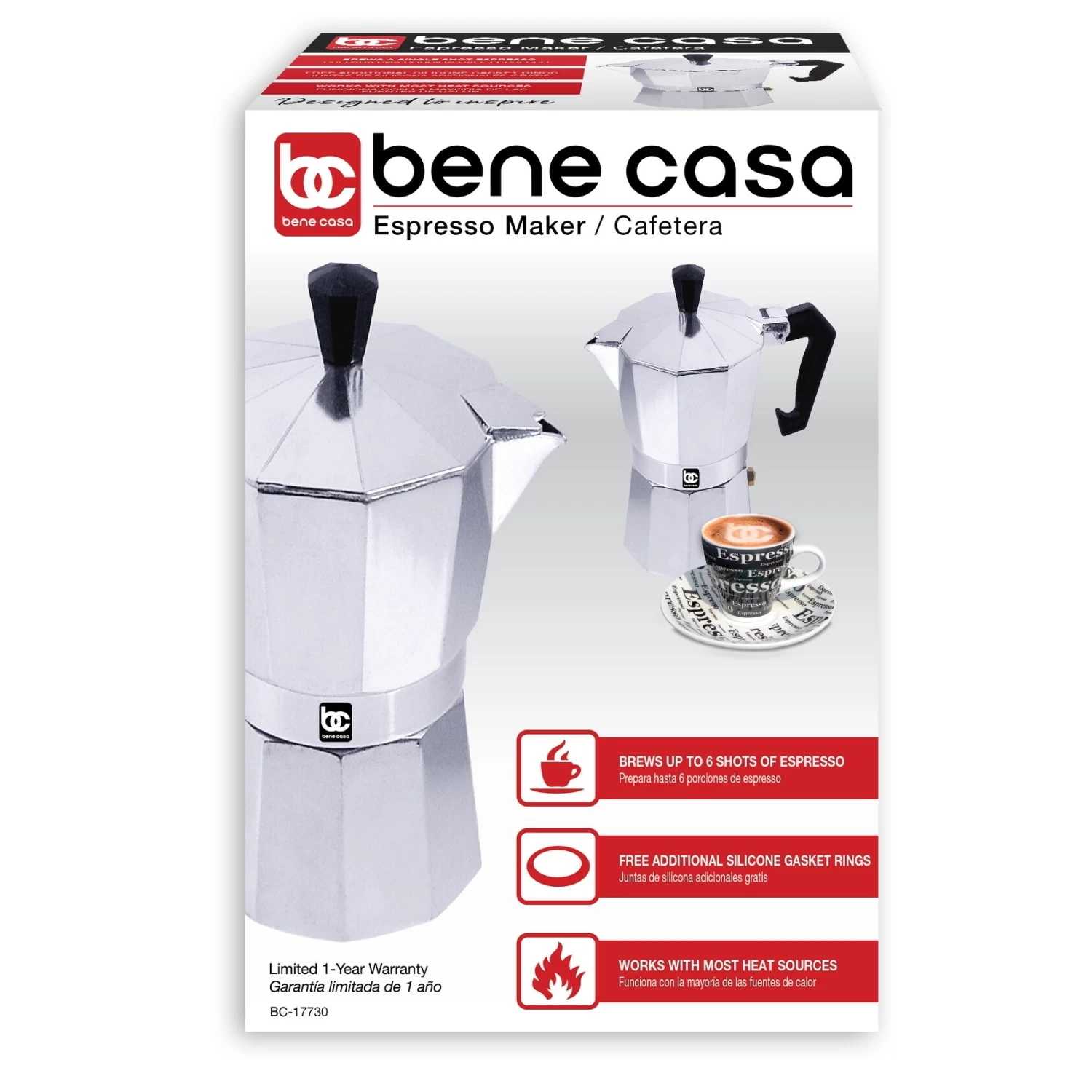 Bene Casa 6 Cup Aluminum Espresso Maker, Stove Top Espresso Maker, Single Shot - 6 Cup 5 Bene Casa 6 Cup Aluminum Espresso Maker, Stove Top Espresso Maker, Single Shot - 6 Cup - Afbeelding 3