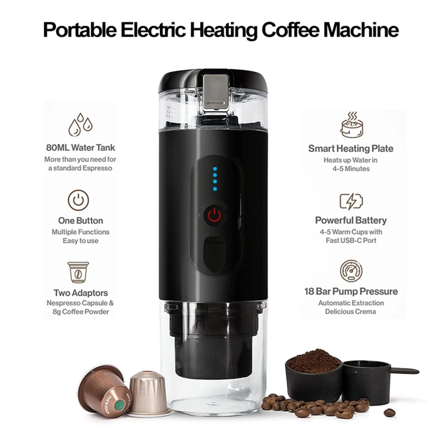 Coffee Maker, Usb Coffee Machine,Portable Mini Coffee Maker,2.8X2.8X8.7In,Easy Operation,18Bar Pump Pressure 8 Coffee Maker, Usb Coffee Machine,Portable Mini Coffee Maker,2.8X2.8X8.7In,Easy Operation,18Bar Pump Pressure - Afbeelding 6
