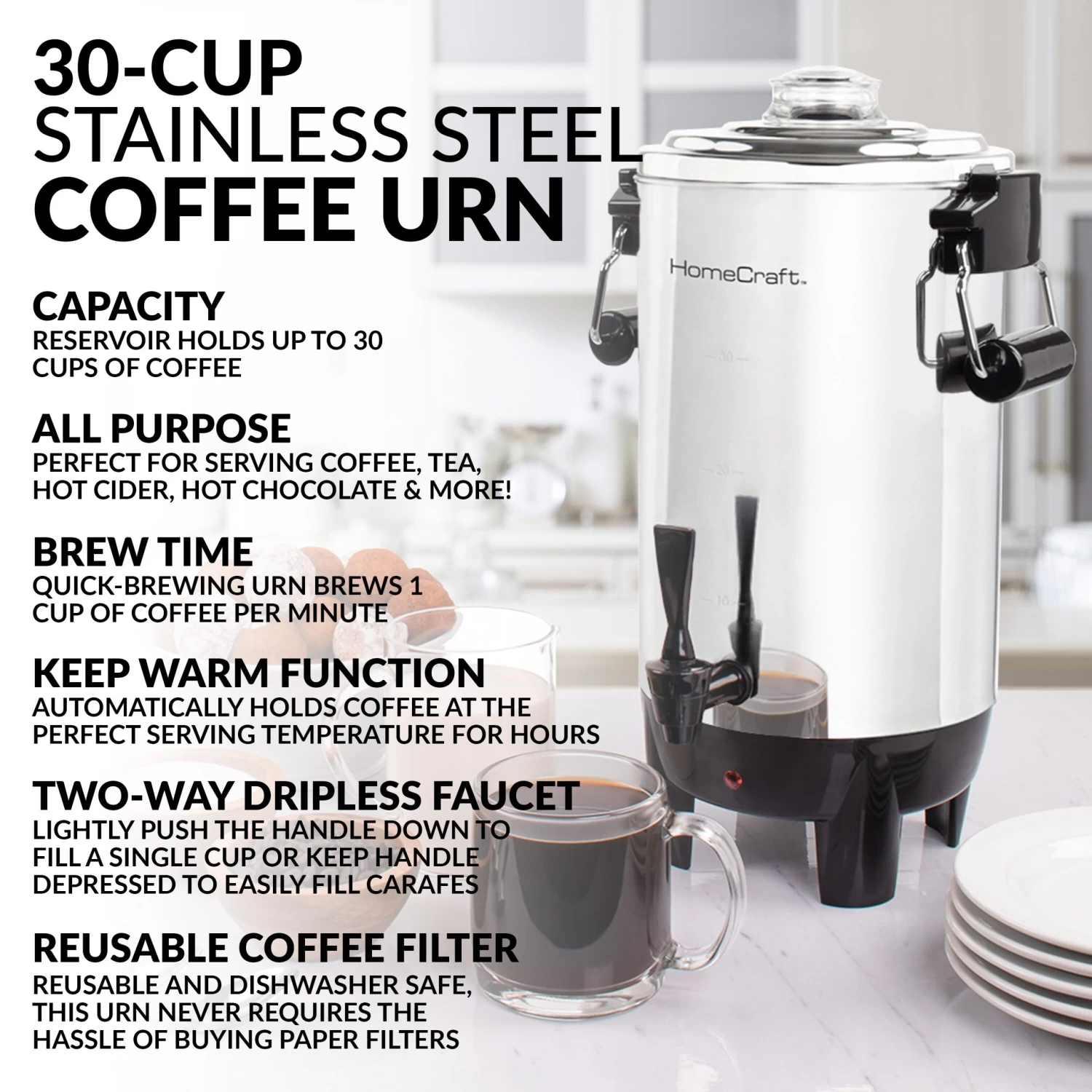 HomeCraft Quick-Brewing 1000-Watt Automatic 30-Cup Coffee Urn - Stainless Steel - 30 Cups - 30 Cups 7 HomeCraft Quick-Brewing 1000-Watt Automatic 30-Cup Coffee Urn - Stainless Steel - 30 Cups - 30 Cups - Afbeelding 5