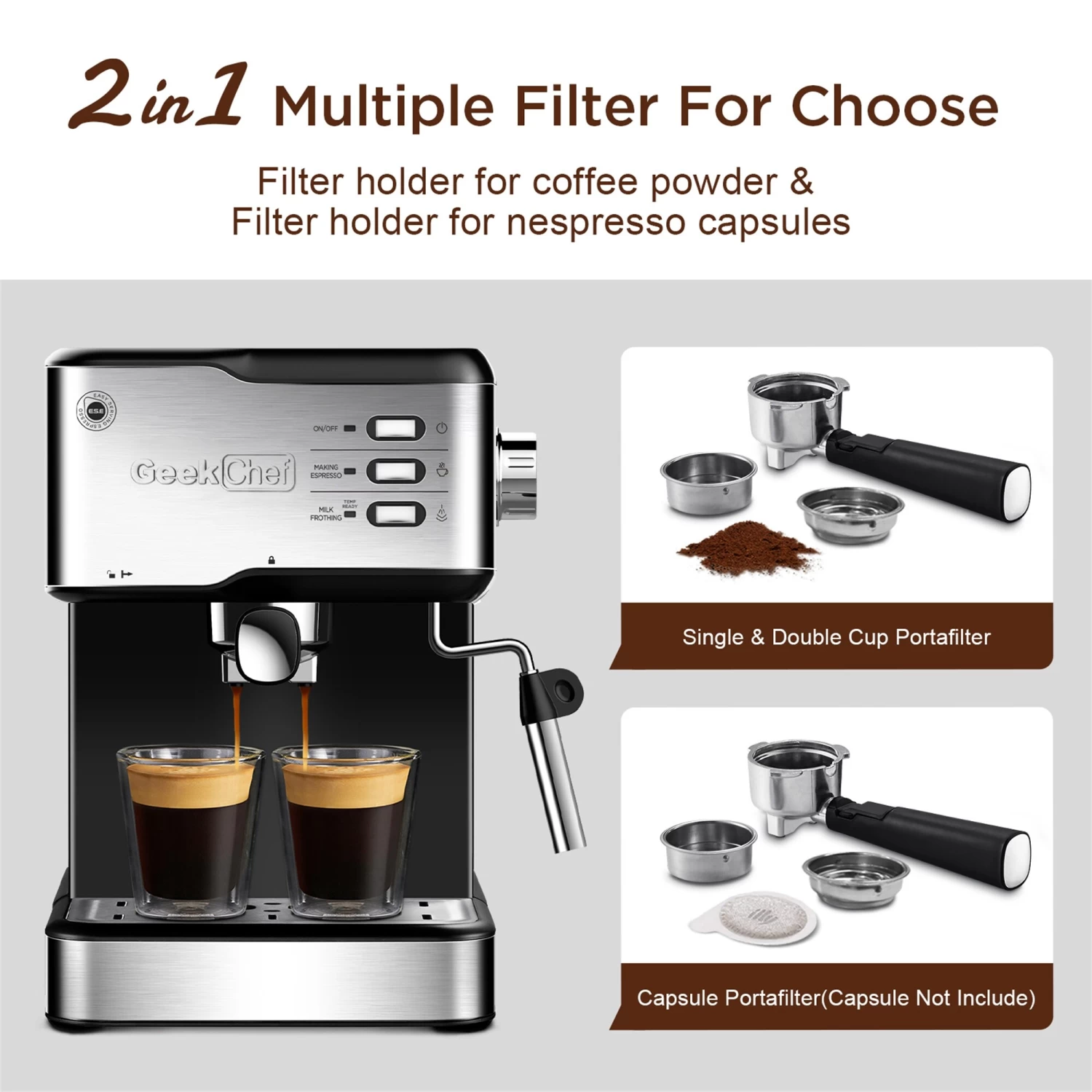 Pump Espresso Machine, W/ Capsules Filter And Milk Frother Steam Wand 10 Pump Espresso Machine, W/ Capsules Filter And Milk Frother Steam Wand - Afbeelding 8