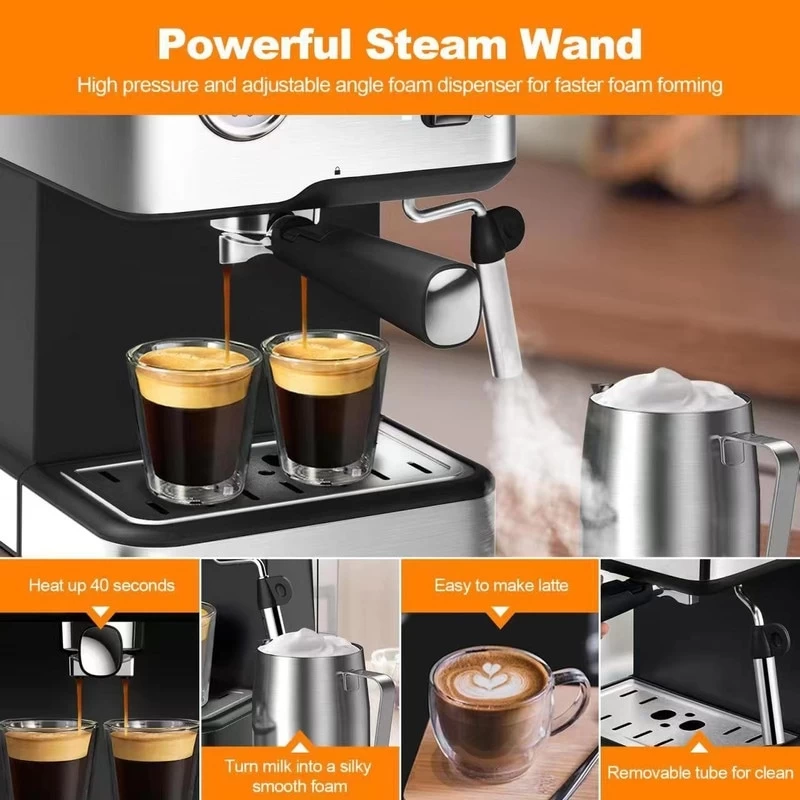 Stainless Steel Espresso Machine With Pressure Gauge And Milk Frother Steam Wand, 1.5L Water Tank 4 Stainless Steel Espresso Machine With Pressure Gauge And Milk Frother Steam Wand, 1.5L Water Tank - Afbeelding 2