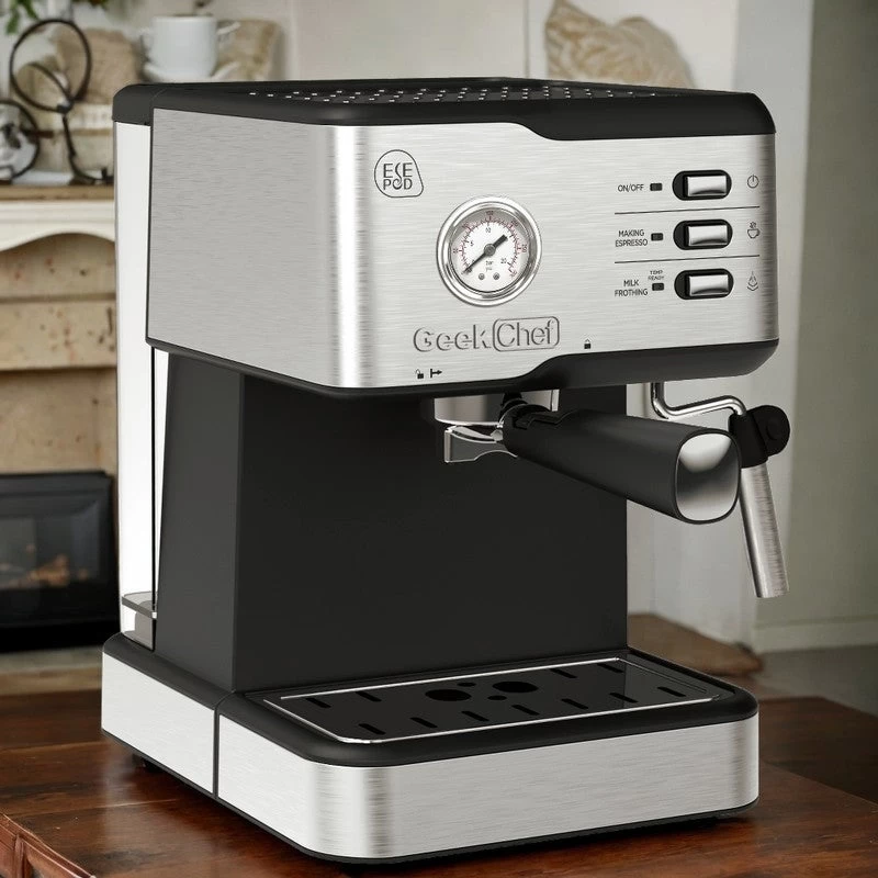 Stainless Steel Espresso Machine With Pressure Gauge And Milk Frother Steam Wand, 1.5L Water Tank